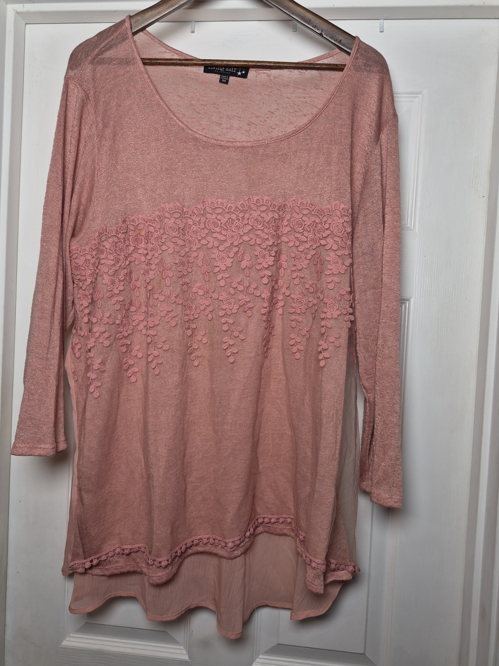 Living Doll Pink Floral Appliqué Long Sleeve Top 3x